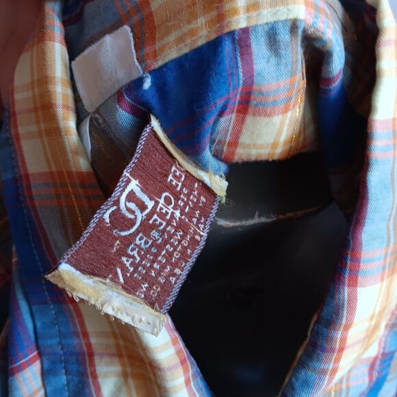 Large Vintage Western Shirt Mens Shiny Gold Plaid Ultra Thin 16.5 34 Dee Cee 80s - Picture 8 of 10